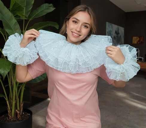 Clown Collar Victorian Ruffle Collar Renaissance Wrist Cuffs Set Elizabethan Layered Neck Ruffle in Kuwait