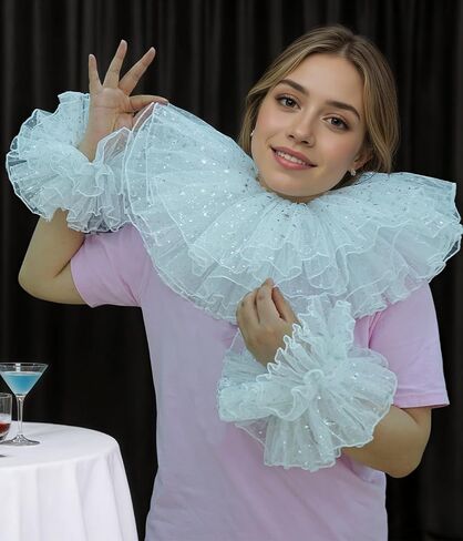 Clown Collar Victorian Ruffle Collar Renaissance Wrist Cuffs Set Elizabethan Layered Neck Ruffle in Kuwait