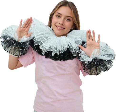 Clown Collar Victorian Ruffle Collar Renaissance Wrist Cuffs Set Elizabethan Layered Neck Ruffle in Kuwait