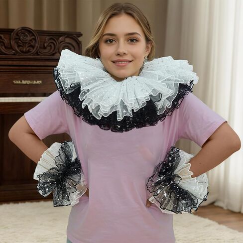Clown Collar Victorian Ruffle Collar Renaissance Wrist Cuffs Set Elizabethan Layered Neck Ruffle in Kuwait