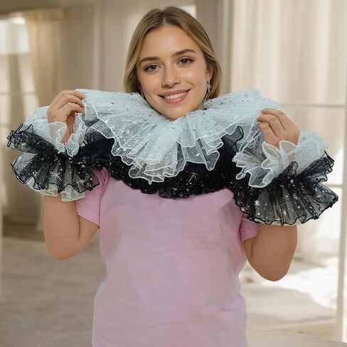 Clown Collar Victorian Ruffle Collar Renaissance Wrist Cuffs Set Elizabethan Layered Neck Ruffle in Kuwait