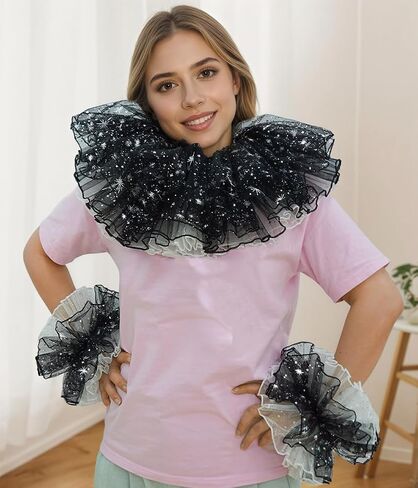 Clown Collar Victorian Ruffle Collar Renaissance Wrist Cuffs Set Elizabethan Layered Neck Ruffle in Kuwait