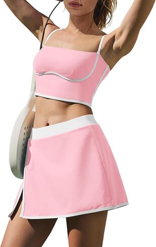 LAMISSCHE Tennis Skirt Sets Women 2 Piece Outfits Yoga Workout Set Skirt and Top Set with Built in Bra & Shorts in Saudi Arabia