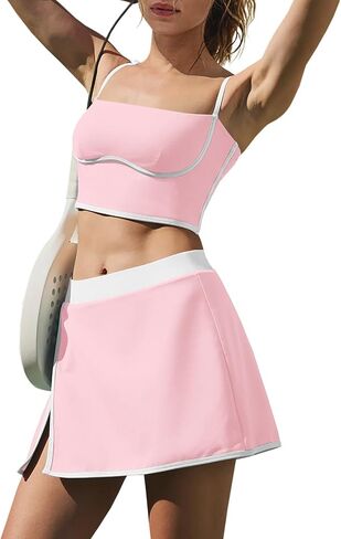 LAMISSCHE Tennis Skirt Sets Women 2 Piece Outfits Yoga Workout Set Skirt and Top Set with Built in Bra & Shorts in Saudi Arabia