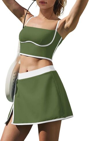 LAMISSCHE Tennis Skirt Sets Women 2 Piece Outfits Yoga Workout Set Skirt and Top Set with Built in Bra & Shorts in Saudi Arabia