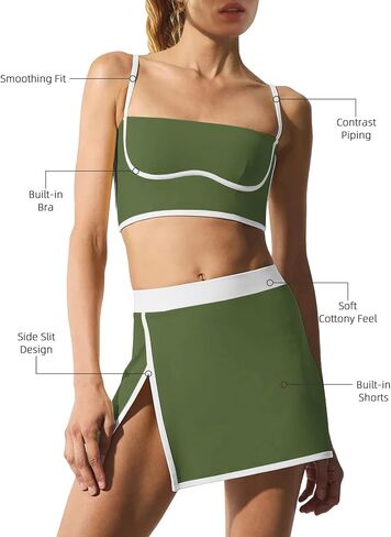 LAMISSCHE Tennis Skirt Sets Women 2 Piece Outfits Yoga Workout Set Skirt and Top Set with Built in Bra & Shorts in Saudi Arabia