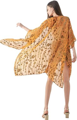 WeHello Women's Burnout Velvet Kimono Long Cardigan Cover Up Without Tassel (Peacock/Black) in Kuwait