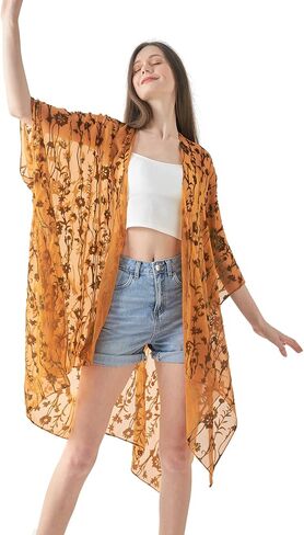 WeHello Women's Burnout Velvet Kimono Long Cardigan Cover Up Without Tassel (Peacock/Black) in Kuwait