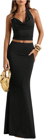 MakeMeChic Women's 2 Piece Sets Summer Vacation Outfit Cowl Neck Halter Tops and Maxi Skirt Set for Going Out in Saudi Arabia