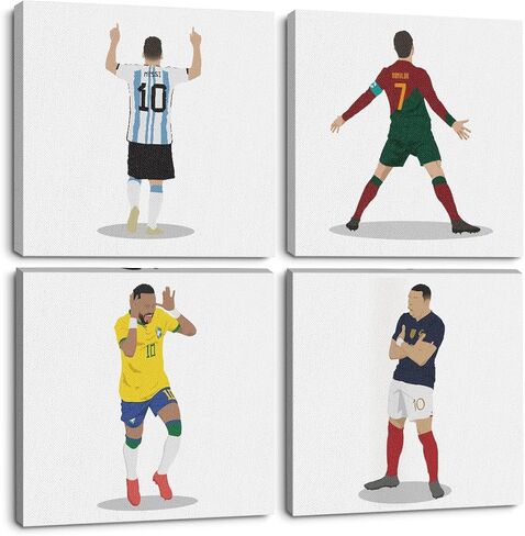 4PC Canvas Wall Art Framed Art Famous Soccer Superstar Room Decor Inspirational Sports Paintings Soccer Gifts Wall Decor Prints Picture for Boys Room Bar Gym Playroom Home Decor 7.9x7.9 inch in Kuwait