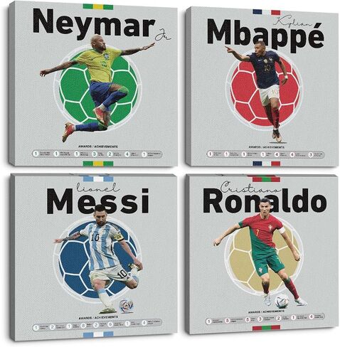 4PC Canvas Wall Art Framed Art Famous Soccer Superstar Room Decor Inspirational Sports Paintings Soccer Gifts Wall Decor Prints Picture for Boys Room Bar Gym Playroom Home Decor 7.9x7.9 inch in Kuwait