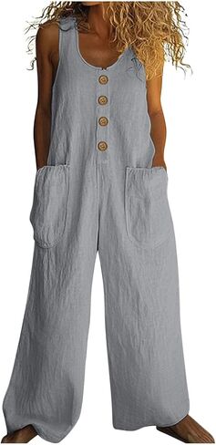 Summer Linen Jumpsuits for Women Button Down Sleeveless Casual Jumpers Loose Wide Legs Rompers Overalls with Pockets in Kuwait