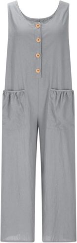 Summer Linen Jumpsuits for Women Button Down Sleeveless Casual Jumpers Loose Wide Legs Rompers Overalls with Pockets in Kuwait