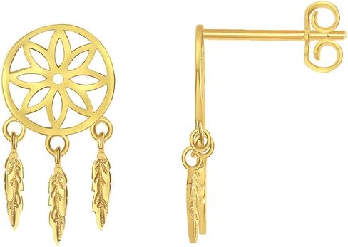 صلبة 14K الذهب الأصفر الأمريكي الأصلي الأمريكي Dreamcatcher متدلي بالريش بأقراط مع ظهر المسمار ، 16 مم in Saudi Arabia