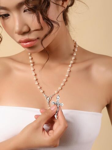Sacina Light Pink Rosary Bead Cross Necklace, Gothic Necklace, Goth Jewelry, Christmas Jewelry Gift for Women in Saudi Arabia