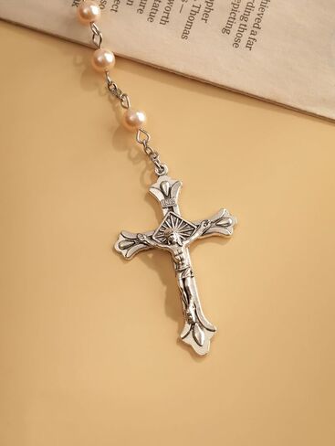 Sacina Light Pink Rosary Bead Cross Necklace, Gothic Necklace, Goth Jewelry, Christmas Jewelry Gift for Women in Saudi Arabia
