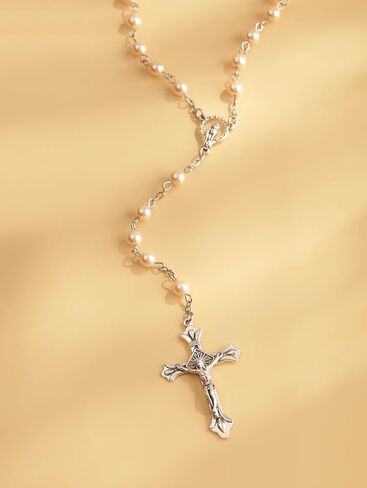 Sacina Light Pink Rosary Bead Cross Necklace, Gothic Necklace, Goth Jewelry, Christmas Jewelry Gift for Women in Saudi Arabia