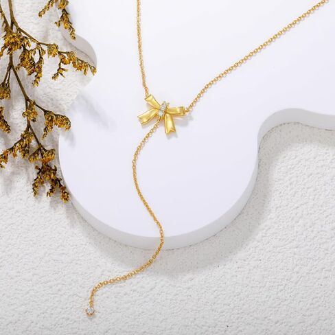 Diamond Bow Necklace for Women S925 Sterling Silver Bow Pendant Necklace Gold Bow Y-Necklace Jewelry Gifts for Wife Her Mom in Saudi Arabia