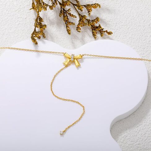 Diamond Bow Necklace for Women S925 Sterling Silver Bow Pendant Necklace Gold Bow Y-Necklace Jewelry Gifts for Wife Her Mom in Saudi Arabia