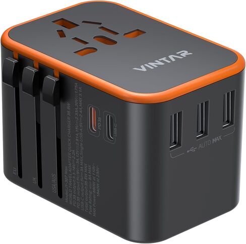 محول السفر العالمي، محول القابس الدولي VINTAR مع 6A 3 USB C و2 منافذ USB، محول طاقة أساسيات السفر، محول منفذ الكل في واحد عالمي لأوروبا والمملكة المتحدة والولايات المتحدة الأمريكية AUS (النوع C/G/A/I) in Kuwait
