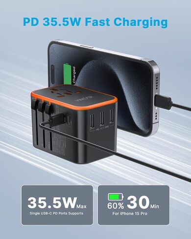 محول السفر العالمي، محول القابس الدولي VINTAR مع 6A 3 USB C و2 منافذ USB، محول طاقة أساسيات السفر، محول منفذ الكل في واحد عالمي لأوروبا والمملكة المتحدة والولايات المتحدة الأمريكية AUS (النوع C/G/A/I) in Kuwait