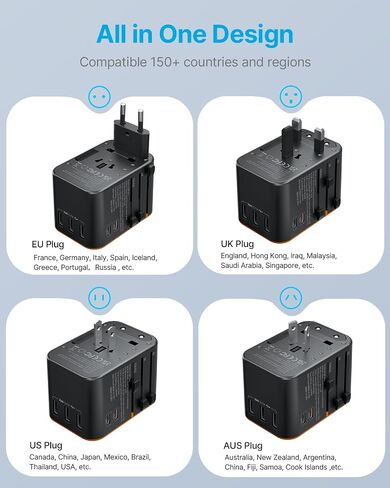 محول السفر العالمي، محول القابس الدولي VINTAR مع 6A 3 USB C و2 منافذ USB، محول طاقة أساسيات السفر، محول منفذ الكل في واحد عالمي لأوروبا والمملكة المتحدة والولايات المتحدة الأمريكية AUS (النوع C/G/A/I) in Kuwait