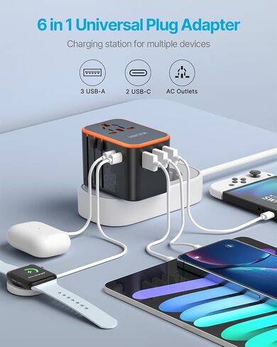 محول السفر العالمي، محول القابس الدولي VINTAR مع 6A 3 USB C و2 منافذ USB، محول طاقة أساسيات السفر، محول منفذ الكل في واحد عالمي لأوروبا والمملكة المتحدة والولايات المتحدة الأمريكية AUS (النوع C/G/A/I) in Kuwait