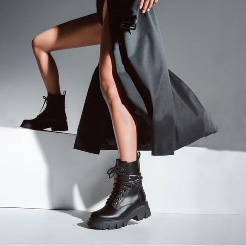 Black Combat Boots Women Purple Boots for Women Rave Boots Beige Gunmetal Cute Shoes Buckle Lug Sole in Saudi Arabia