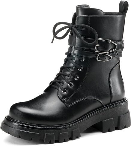 Black Combat Boots Women Purple Boots for Women Rave Boots Beige Gunmetal Cute Shoes Buckle Lug Sole in Saudi Arabia