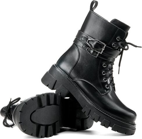 Black Combat Boots Women Purple Boots for Women Rave Boots Beige Gunmetal Cute Shoes Buckle Lug Sole in Saudi Arabia