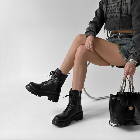 Black Combat Boots Women Purple Boots for Women Rave Boots Beige Gunmetal Cute Shoes Buckle Lug Sole in Saudi Arabia