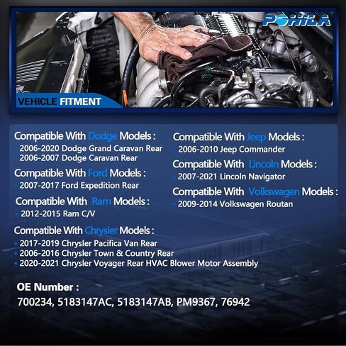 Rear HVAC Heater Blower Motor ‎700234 Blower Motor Replacement for 2006-2020 Dodge Grand Caravan, Town& Country 2006-2016,Ford Expedition,Jeep Commander,Lincoln Navigator,VW Routan,Ram C/V. in Kuwait