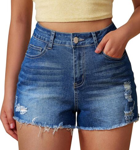 GOBLES Women's Summer Casual Mid Waist Denim Shorts Stretchy Ripped Distressed Jean Shorts in Saudi Arabia