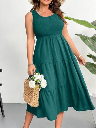 RWJ Plus Size Summer Sleeveless Tank Dress for Women 2025 Smocked Casual Loose Sundress Flowy Beach Tiered Long Midi Dresses in Kuwait