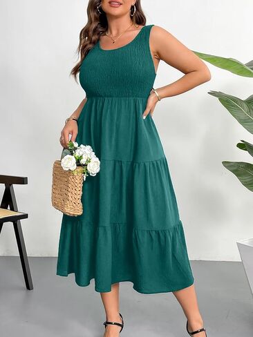 RWJ Plus Size Summer Sleeveless Tank Dress for Women 2025 Smocked Casual Loose Sundress Flowy Beach Tiered Long Midi Dresses in Kuwait