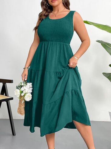 RWJ Plus Size Summer Sleeveless Tank Dress for Women 2025 Smocked Casual Loose Sundress Flowy Beach Tiered Long Midi Dresses in Kuwait
