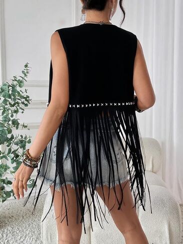 HYTENSUN Women's Fringe Vest 60s 70s Hippie Vest Sleeveless Cowgirl Western Faux Suede Tassel Leather Jacket Hippie Party in Saudi Arabia