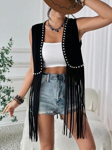 HYTENSUN Women's Fringe Vest 60s 70s Hippie Vest Sleeveless Cowgirl Western Faux Suede Tassel Leather Jacket Hippie Party in Saudi Arabia