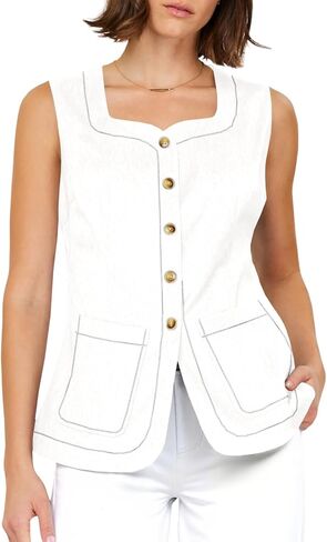 Tankaneo Womens Square Neck Denim Vest Button Downless Jean Weistcoat Summer Jean Tops مع جيوب in Kuwait