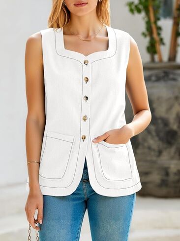 Tankaneo Womens Square Neck Denim Vest Button Downless Jean Weistcoat Summer Jean Tops مع جيوب in Kuwait