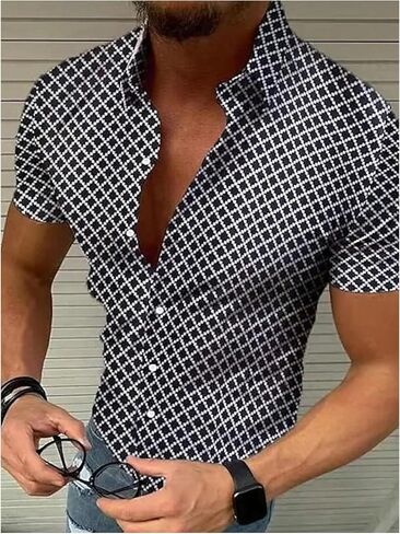 OYOANGLE Men's Button Down Short Sleeve Shirt Geo Print Collared Summer Dress Shirts in Saudi Arabia