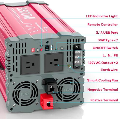 3500 Watt Pure Sine Wave Power Inverter 12V DC to 110V 120V Converter for Home, RV and Off-Grid Solar Systems with Type-C Port, 2 AC Outlets, Dual USB Ports, Remote Control with LCD Screen in Saudi Arabia