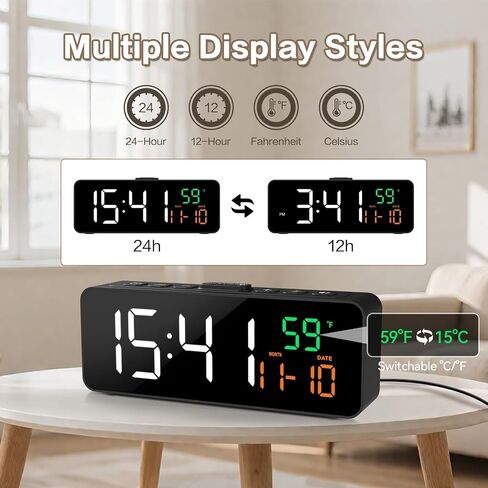 Netzu 3-in-1 Digital Clocks for Living Room with Temperature, Date & Time Display - 4 Levels Birghtness, 3 Volumes, Small & Compact Plug-in Alarm Clock for Bedroom, Office in Kuwait