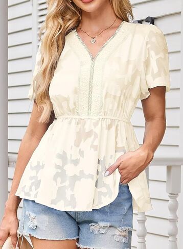 قمم المرأة القصيرة الأكمام الدانتيل v الرقبة بلوزات Babydoll Flowy Disual Empire Derts Boho Peplum Chiffon Tunics in Saudi Arabia