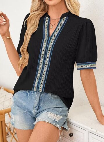 Womens Summer Tops Short Sleeve Lace V Neck Shirts Business Casual Flowy Boho Blouses Dressy Work Outfit Trendy 2025 in Saudi Arabia