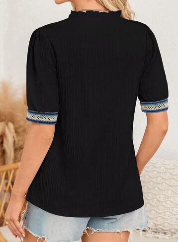 Womens Summer Tops Short Sleeve Lace V Neck Shirts Business Casual Flowy Boho Blouses Dressy Work Outfit Trendy 2025 in Saudi Arabia