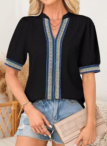 Womens Summer Tops Short Sleeve Lace V Neck Shirts Business Casual Flowy Boho Blouses Dressy Work Outfit Trendy 2025 in Saudi Arabia