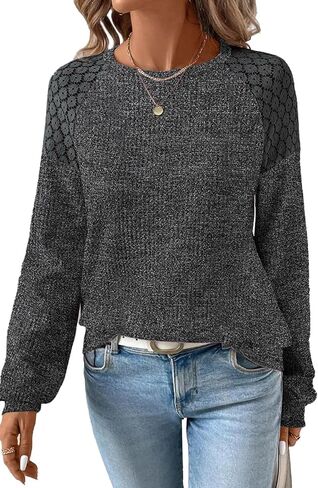 SHEWIN Fall Tops for Women Casual Crew Neck Waffle Knit Lace Raglan Long Sleeve Shirts Loose Fit Blouses Top in Saudi Arabia