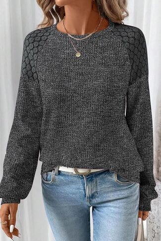 SHEWIN Fall Tops for Women Casual Crew Neck Waffle Knit Lace Raglan Long Sleeve Shirts Loose Fit Blouses Top in Saudi Arabia