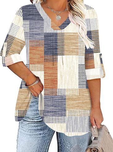 TFSDOD Plus Size Women Blouses 3/4 Sleeve Long Sleeve V Neck T Shirts Summer Business Casual 1X-5X in Kuwait